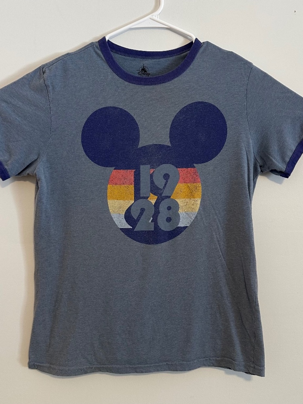 Mickey Mouse 1928 Graphic Print Ringer T-Shirt Small Blue Y2K Short Sleeve